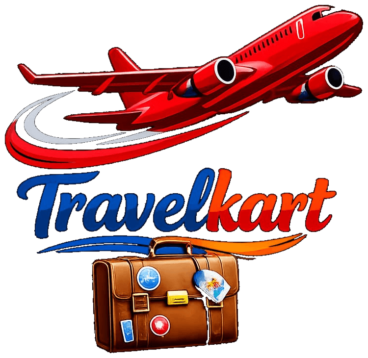 TravelKart logo: a red aircraft, blue and red lettering, and a suitcase